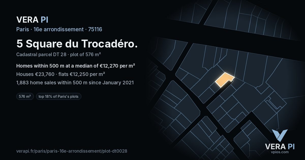 5 Square du Trocadéro, 16e arrondissement at night – the plot lit, the parcels around coloured by the prices near them