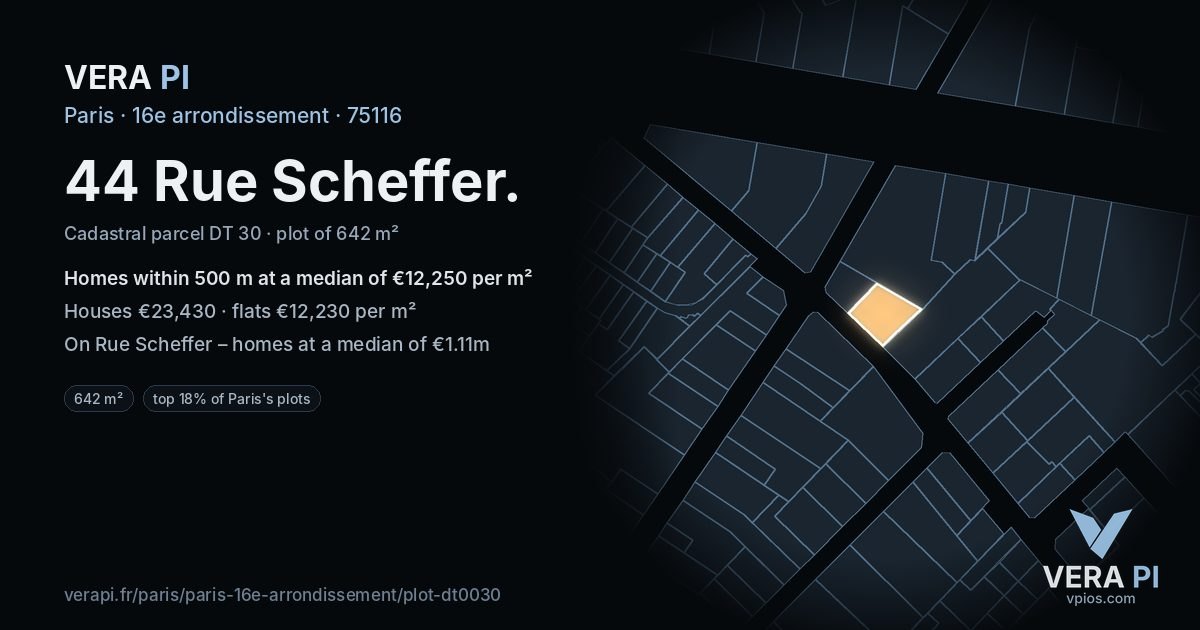 44 Rue Scheffer, 16e arrondissement at night – the plot lit, the parcels around coloured by the prices near them