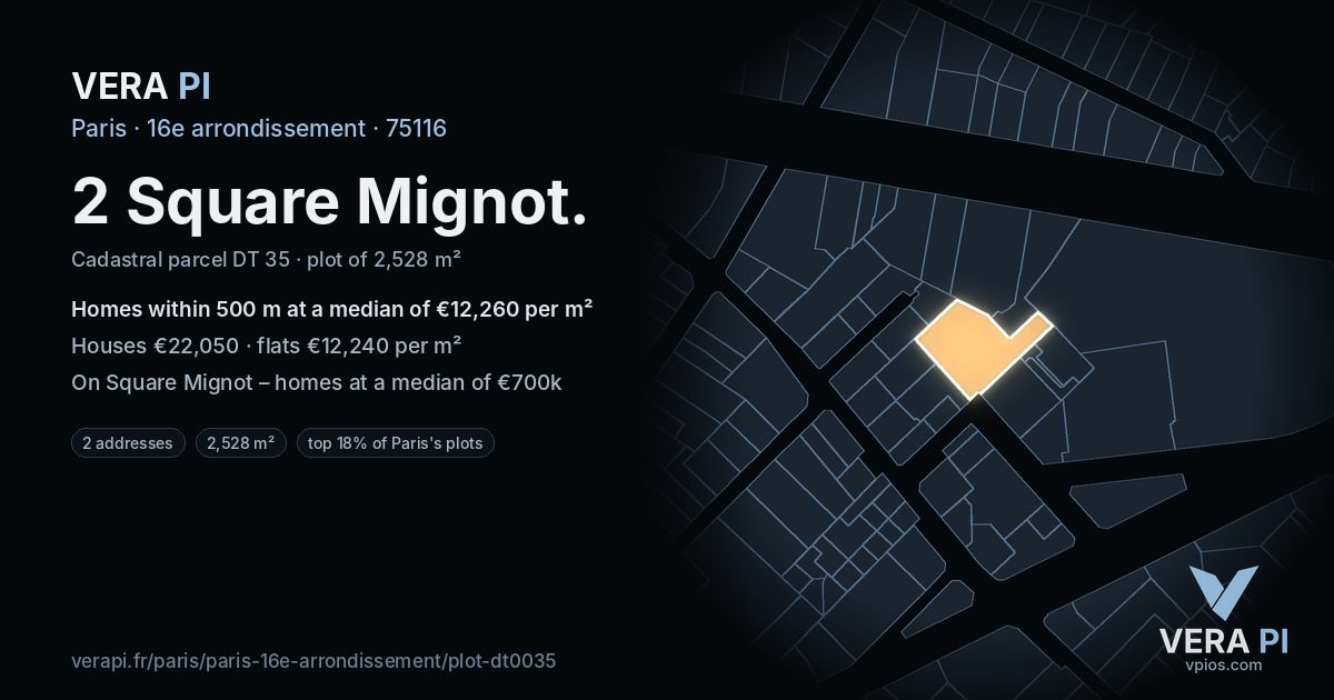 2 Square Mignot, 16e arrondissement at night – the plot lit, the parcels around coloured by the prices near them