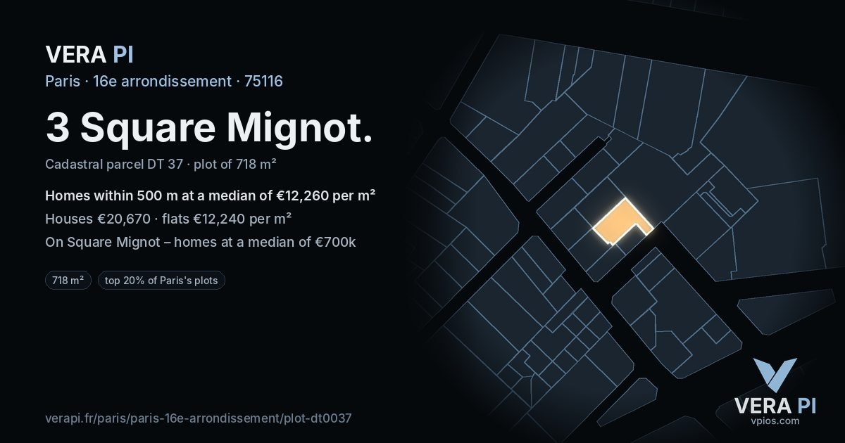 3 Square Mignot, 16e arrondissement at night – the plot lit, the parcels around coloured by the prices near them