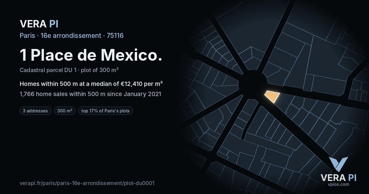 1 Place de Mexico, 16e arrondissement at night – the plot lit, the parcels around coloured by the prices near them