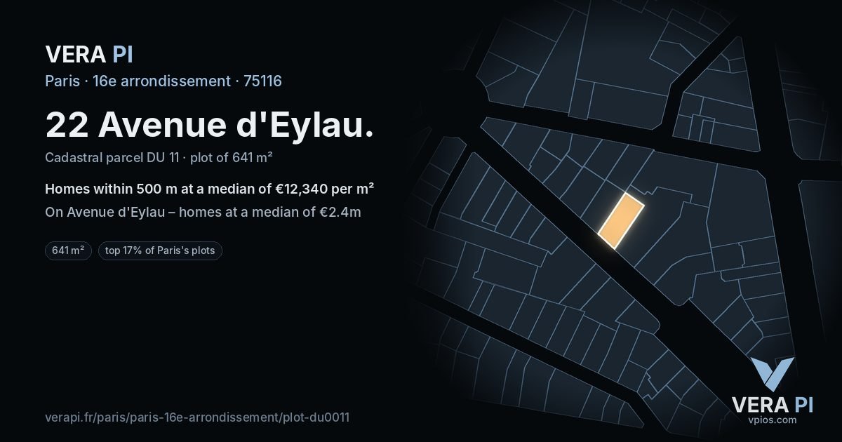 22 Avenue d'Eylau, 16e arrondissement at night – the plot lit, the parcels around coloured by the prices near them