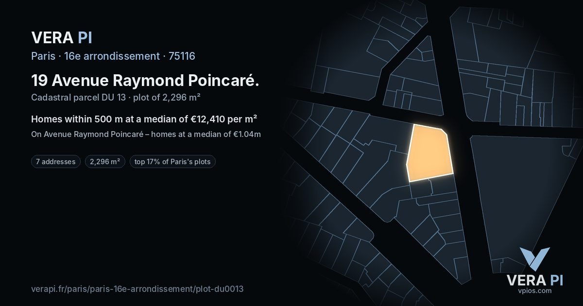 19 Avenue Raymond Poincaré, 16e arrondissement at night – the plot lit, the parcels around coloured by the prices near them