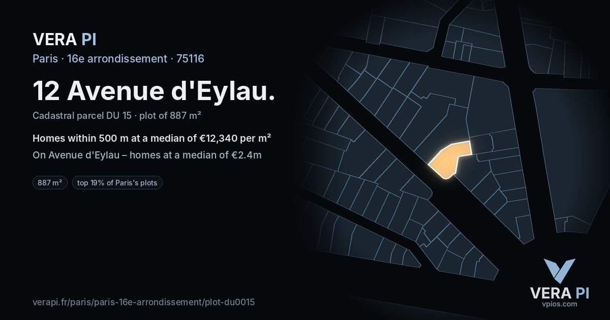 12 Avenue d'Eylau, 16e arrondissement at night – the plot lit, the parcels around coloured by the prices near them