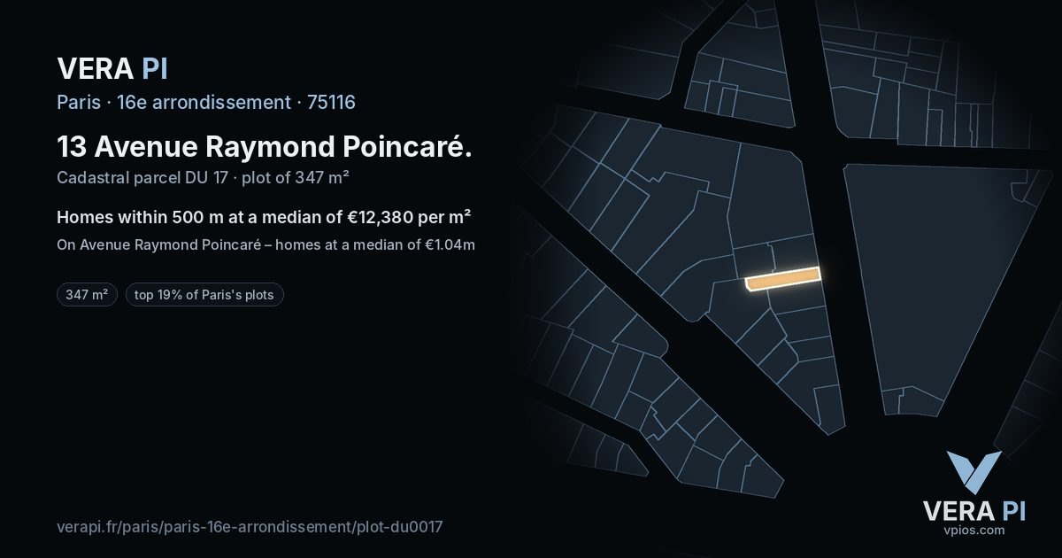 13 Avenue Raymond Poincaré, 16e arrondissement at night – the plot lit, the parcels around coloured by the prices near them