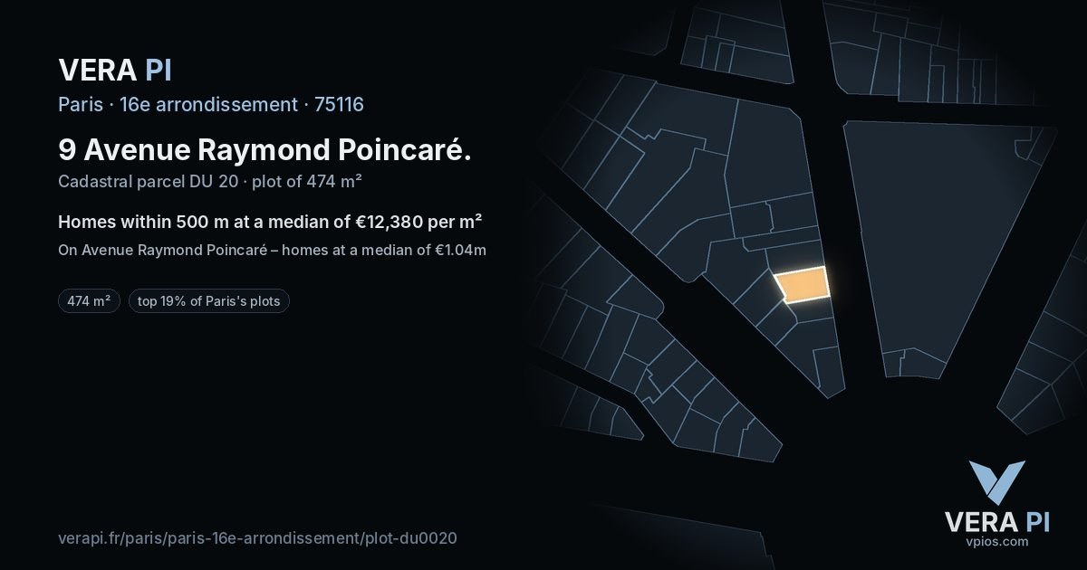 9 Avenue Raymond Poincaré, 16e arrondissement at night – the plot lit, the parcels around coloured by the prices near them