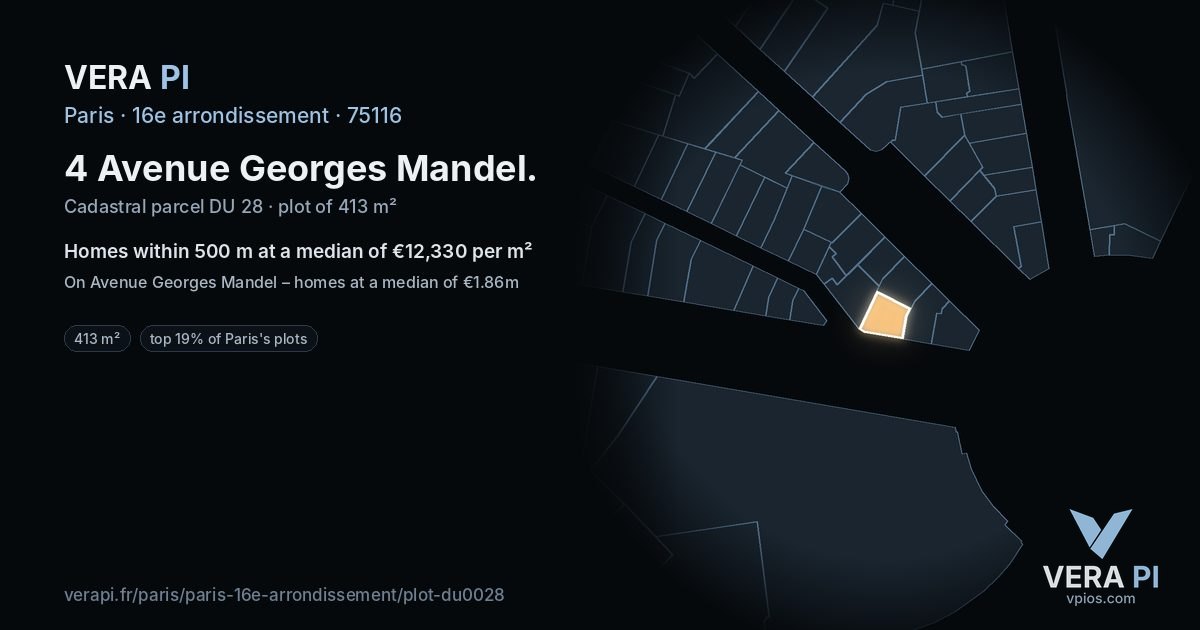 4 Avenue Georges Mandel, 16e arrondissement at night – the plot lit, the parcels around coloured by the prices near them
