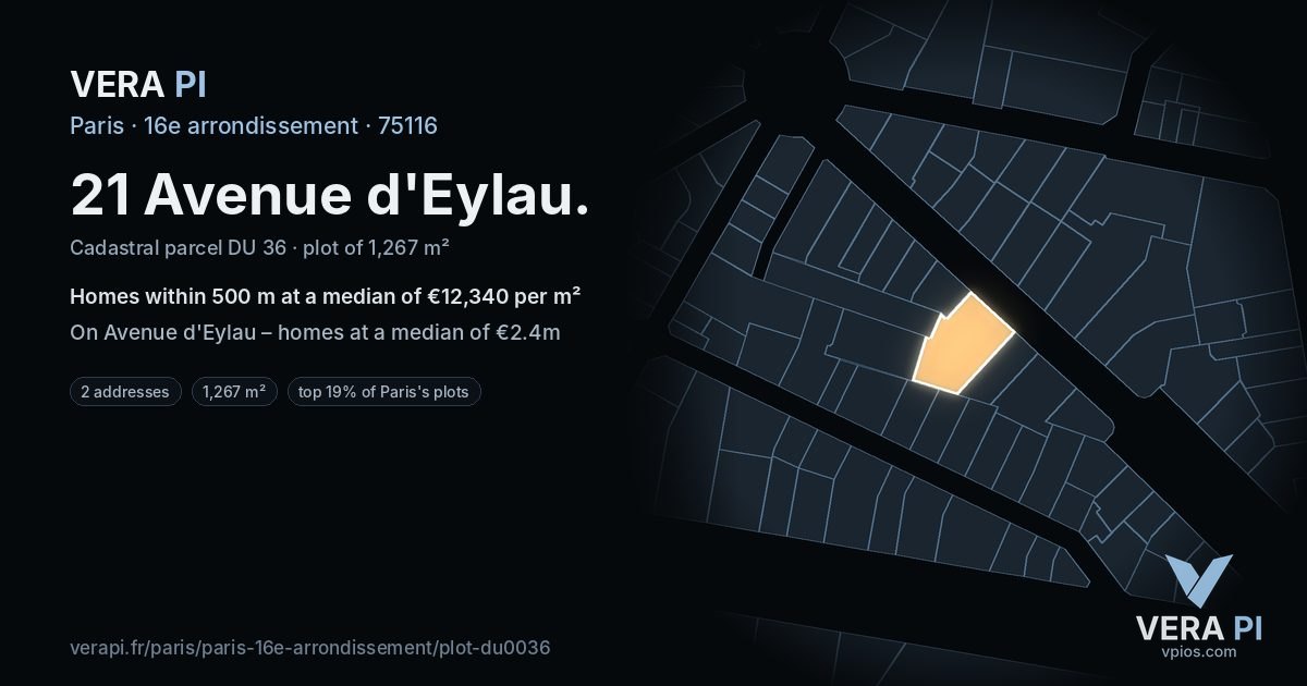 21 Avenue d'Eylau, 16e arrondissement at night – the plot lit, the parcels around coloured by the prices near them