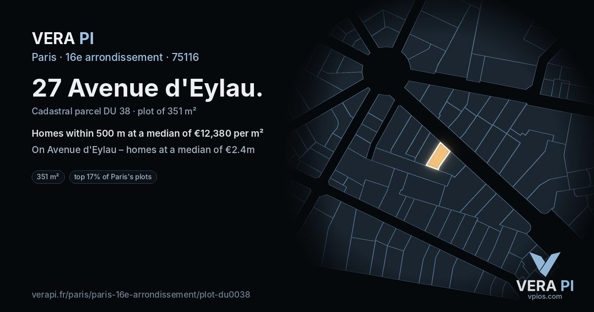 27 Avenue d'Eylau, 16e arrondissement at night – the plot lit, the parcels around coloured by the prices near them