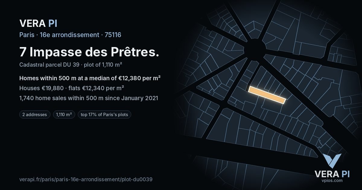 7 Impasse des Prêtres, 16e arrondissement at night – the plot lit, the parcels around coloured by the prices near them