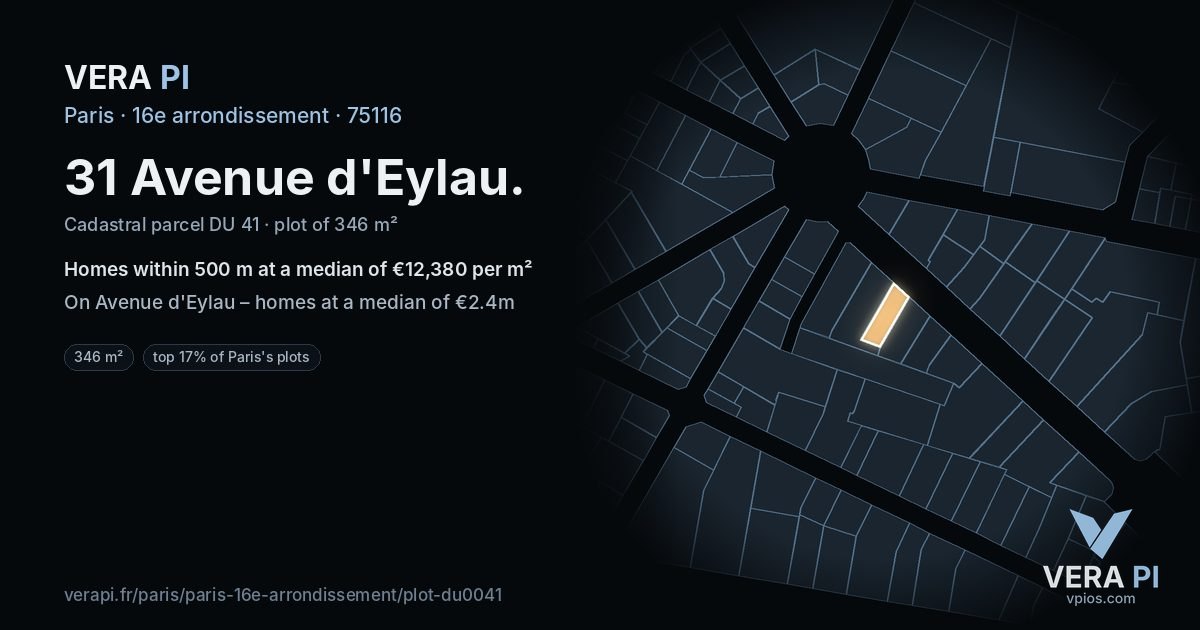 31 Avenue d'Eylau, 16e arrondissement at night – the plot lit, the parcels around coloured by the prices near them