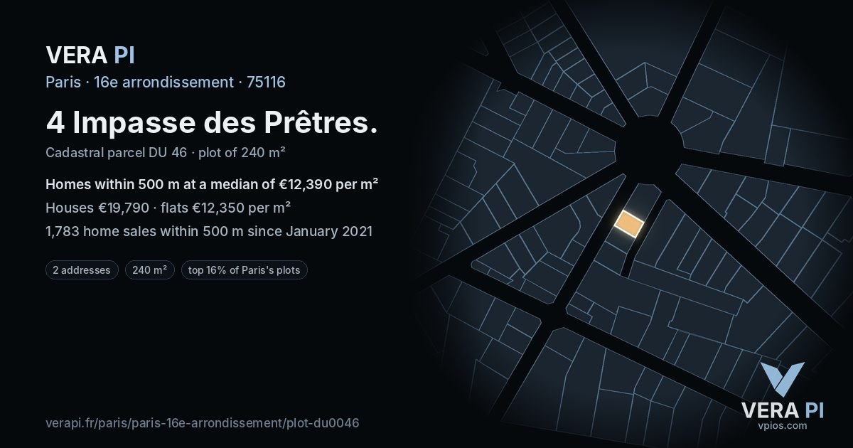4 Impasse des Prêtres, 16e arrondissement at night – the plot lit, the parcels around coloured by the prices near them