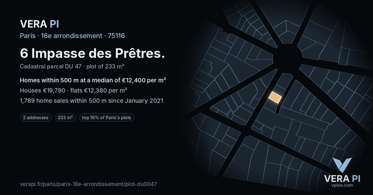 6 Impasse des Prêtres, 16e arrondissement at night – the plot lit, the parcels around coloured by the prices near them