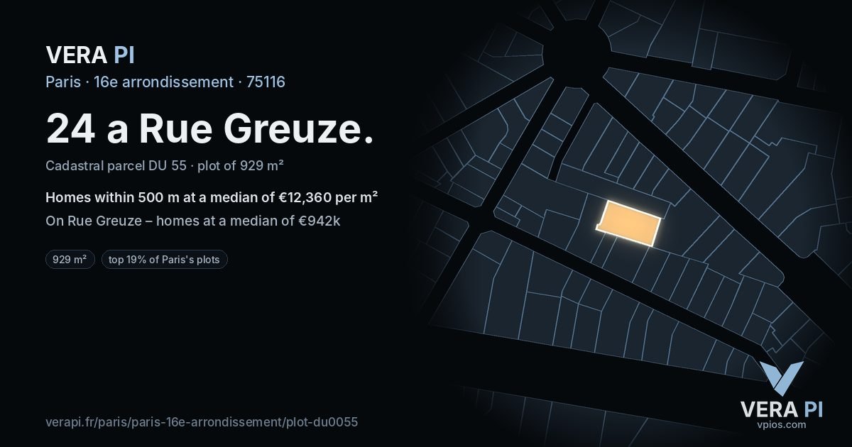 24 a Rue Greuze, 16e arrondissement at night – the plot lit, the parcels around coloured by the prices near them