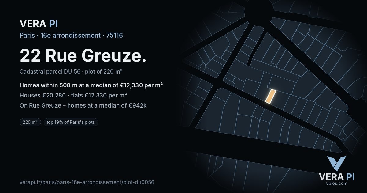 22 Rue Greuze, 16e arrondissement at night – the plot lit, the parcels around coloured by the prices near them