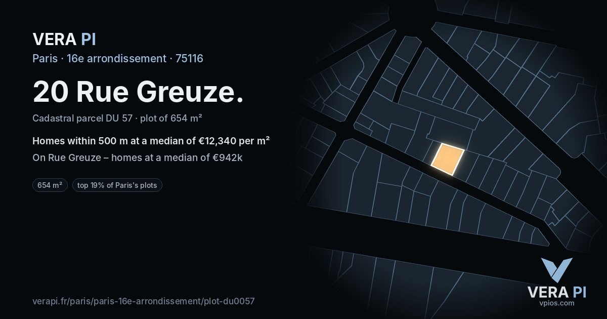 20 Rue Greuze, 16e arrondissement at night – the plot lit, the parcels around coloured by the prices near them
