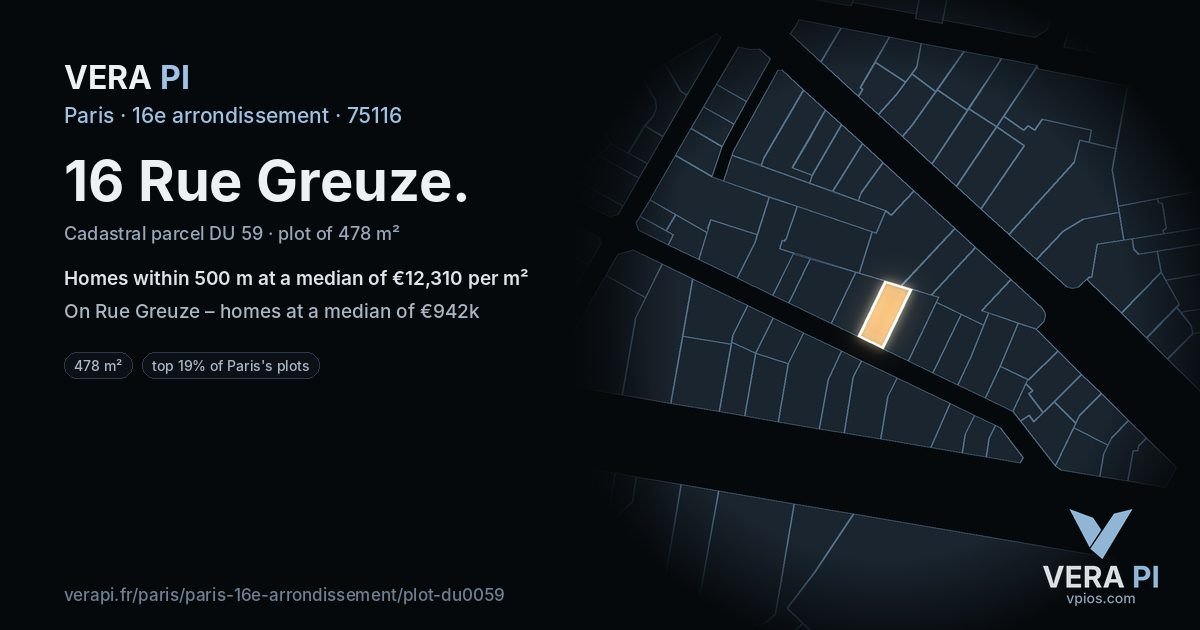 16 Rue Greuze, 16e arrondissement at night – the plot lit, the parcels around coloured by the prices near them