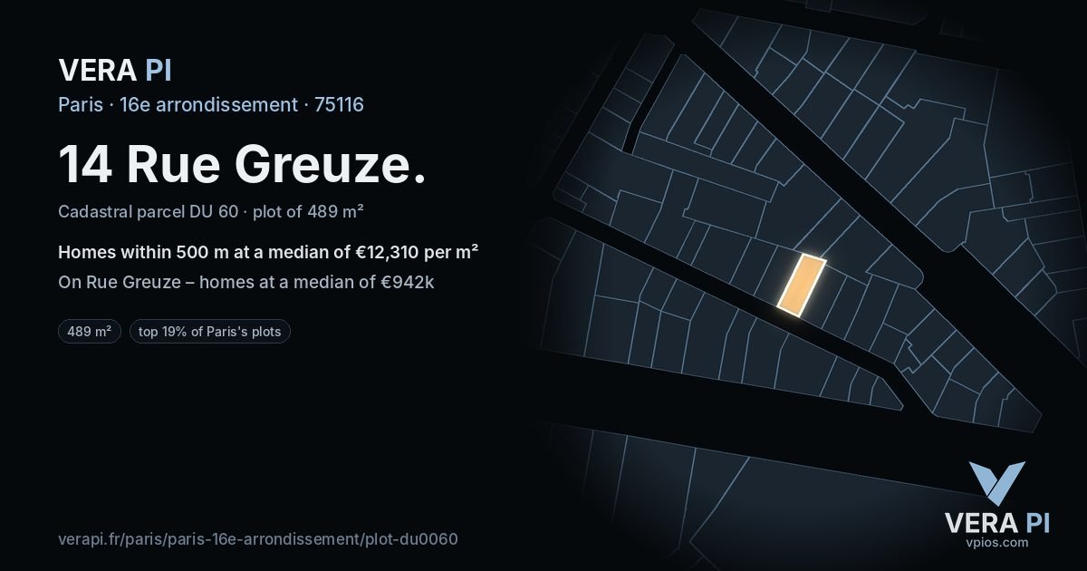 14 Rue Greuze, 16e arrondissement at night – the plot lit, the parcels around coloured by the prices near them