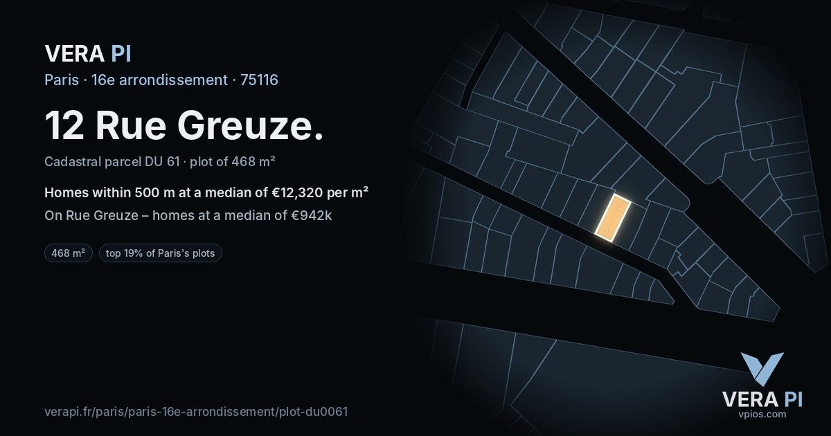 12 Rue Greuze, 16e arrondissement at night – the plot lit, the parcels around coloured by the prices near them