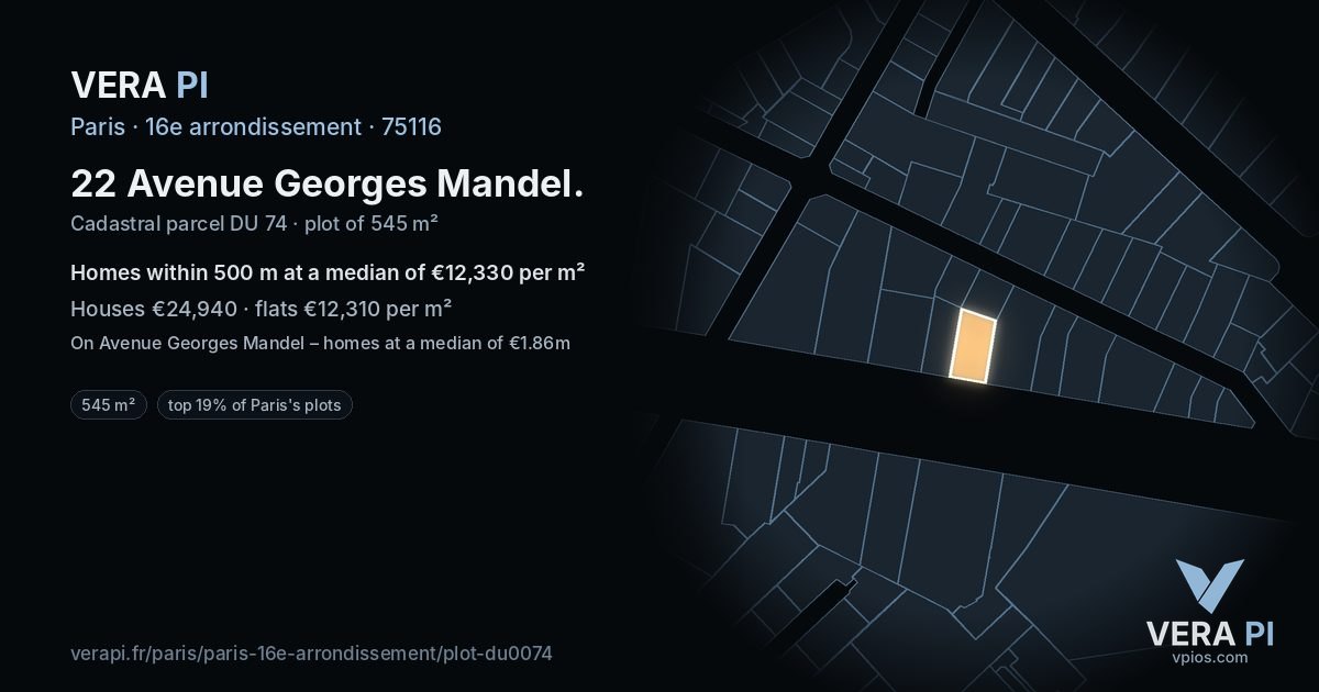 22 Avenue Georges Mandel, 16e arrondissement at night – the plot lit, the parcels around coloured by the prices near them