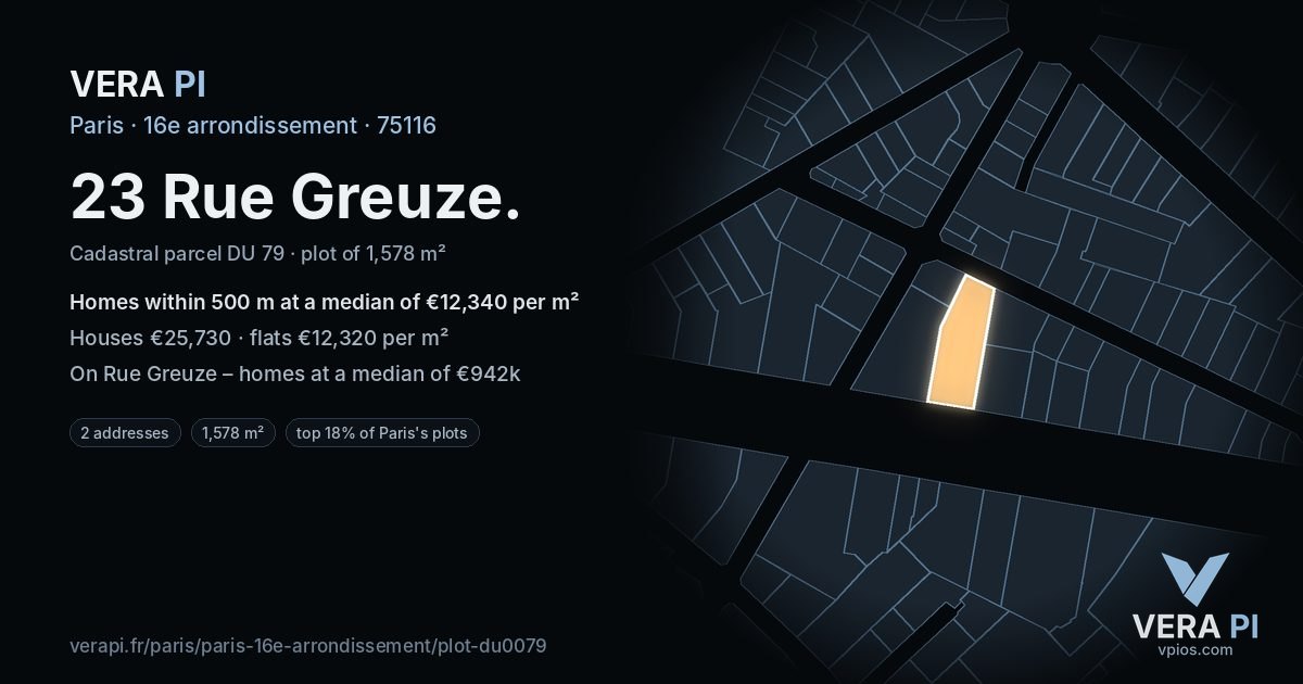 23 Rue Greuze, 16e arrondissement at night – the plot lit, the parcels around coloured by the prices near them