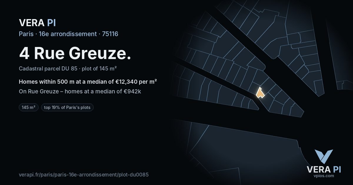 4 Rue Greuze, 16e arrondissement at night – the plot lit, the parcels around coloured by the prices near them