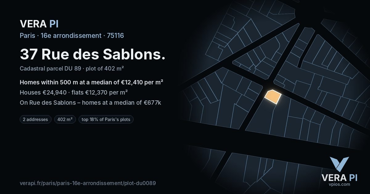 37 Rue des Sablons, 16e arrondissement at night – the plot lit, the parcels around coloured by the prices near them