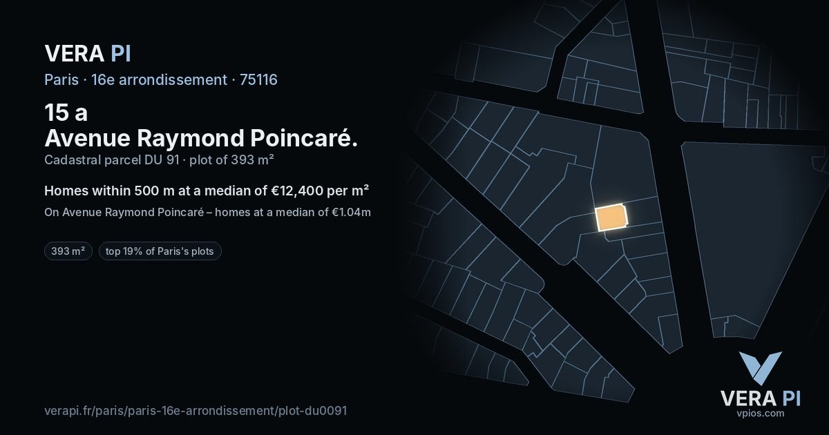 15 a Avenue Raymond Poincaré, 16e arrondissement at night – the plot lit, the parcels around coloured by the prices near them