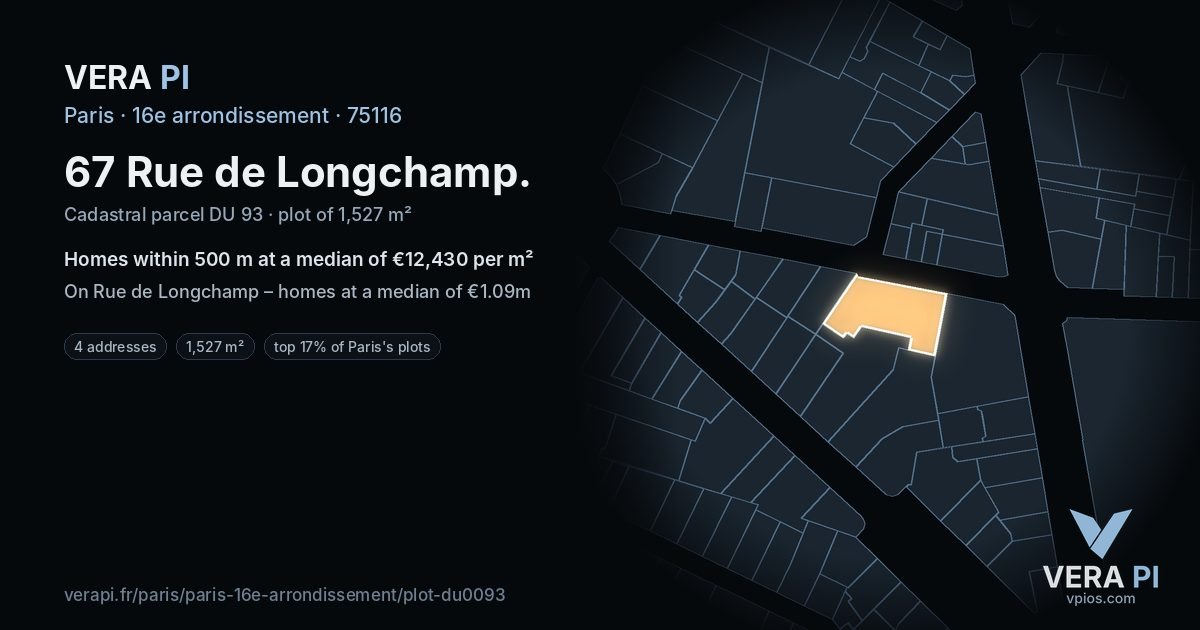 67 Rue de Longchamp, 16e arrondissement at night – the plot lit, the parcels around coloured by the prices near them