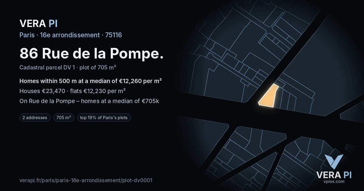 86 Rue de la Pompe, 16e arrondissement at night – the plot lit, the parcels around coloured by the prices near them