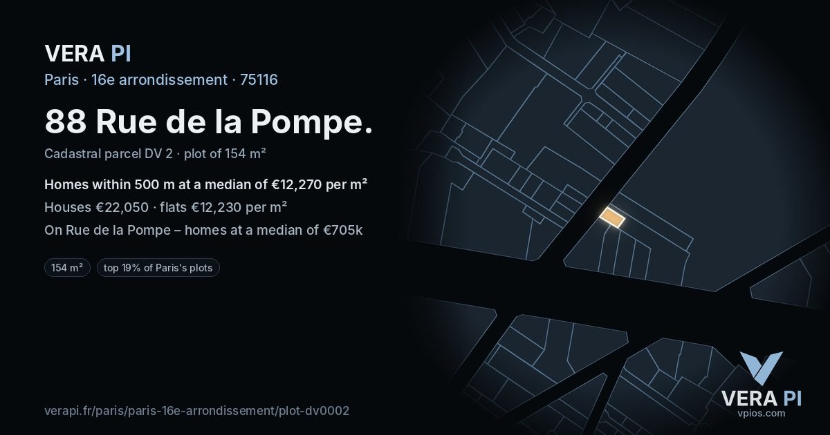 88 Rue de la Pompe, 16e arrondissement at night – the plot lit, the parcels around coloured by the prices near them