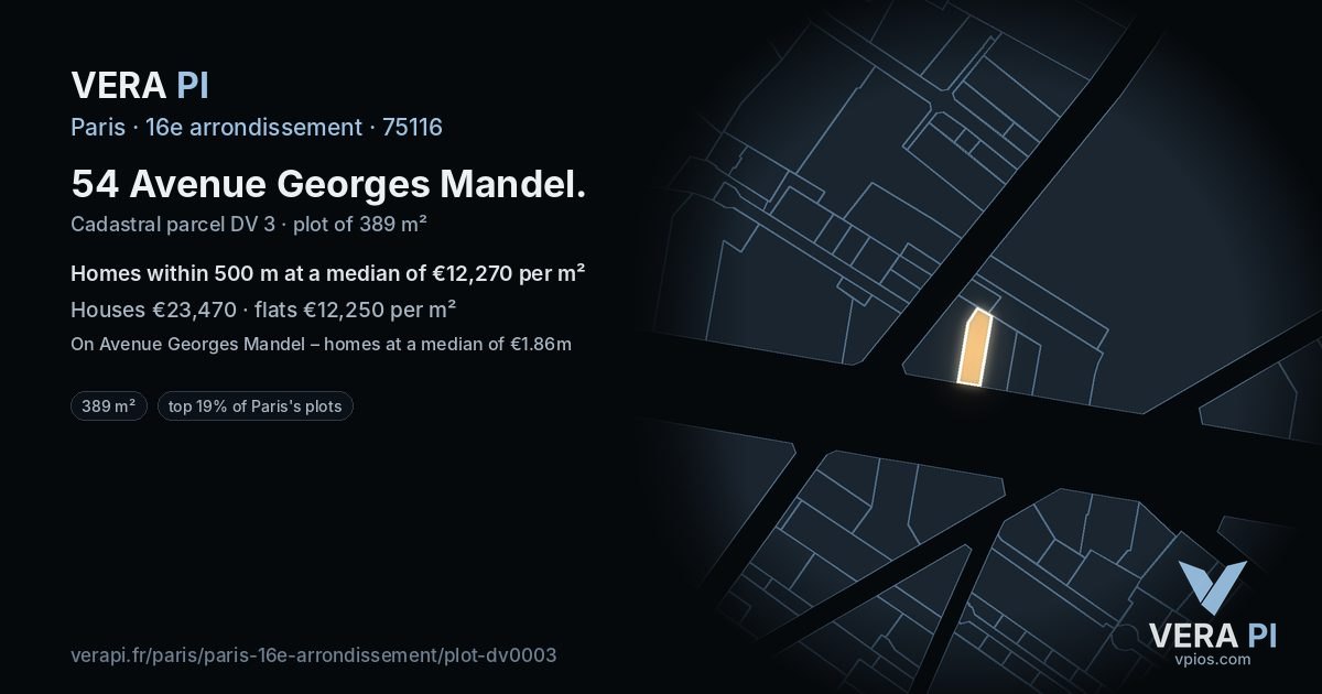 54 Avenue Georges Mandel, 16e arrondissement at night – the plot lit, the parcels around coloured by the prices near them