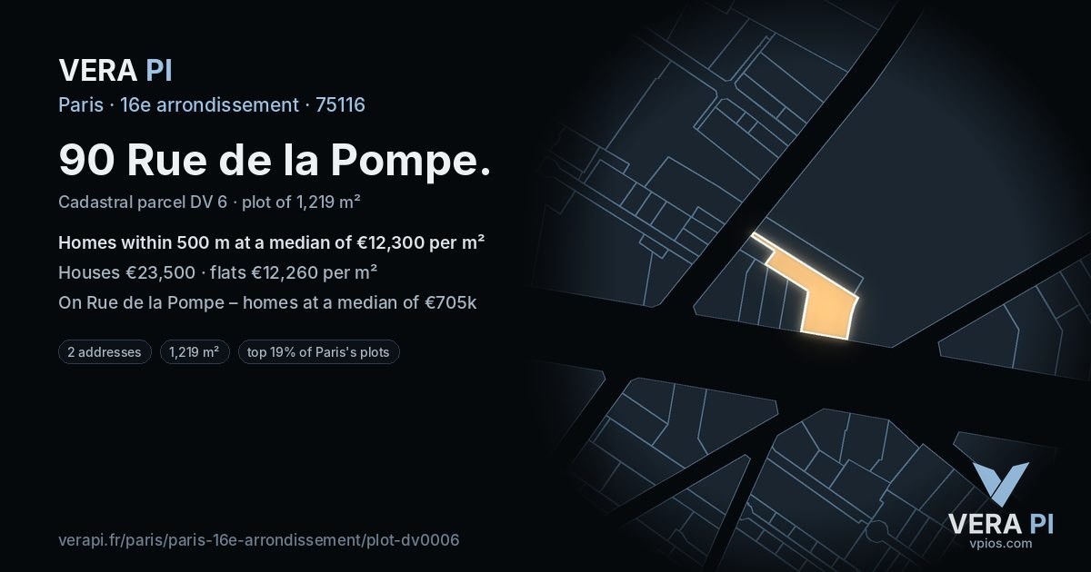 90 Rue de la Pompe, 16e arrondissement at night – the plot lit, the parcels around coloured by the prices near them