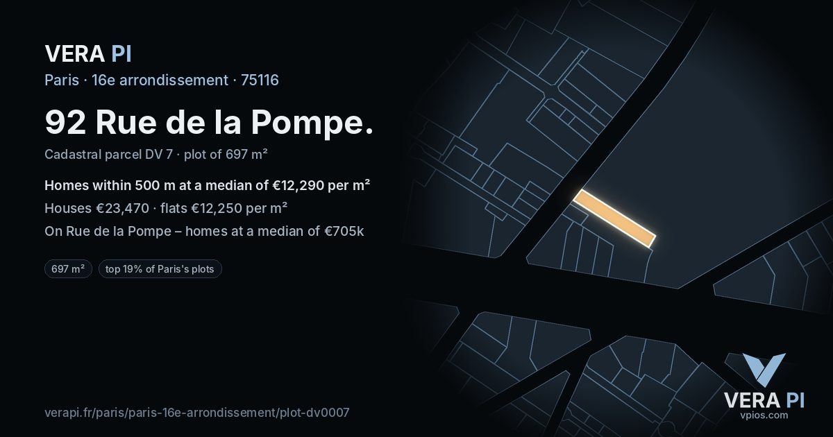 92 Rue de la Pompe, 16e arrondissement at night – the plot lit, the parcels around coloured by the prices near them