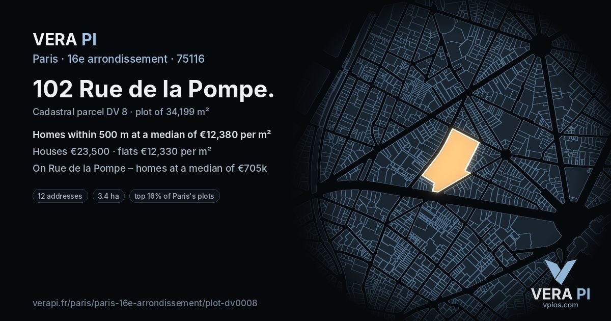 102 Rue de la Pompe, 16e arrondissement at night – the plot lit, the parcels around coloured by the prices near them