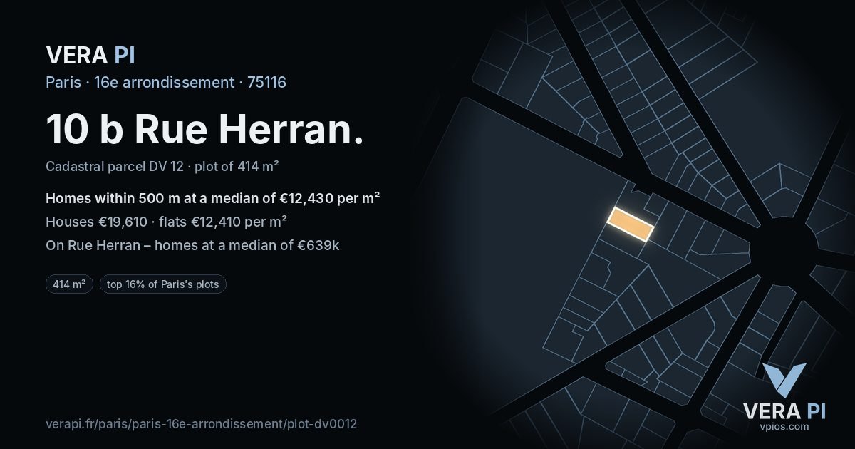 10 b Rue Herran, 16e arrondissement at night – the plot lit, the parcels around coloured by the prices near them