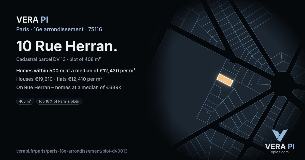 10 Rue Herran, 16e arrondissement at night – the plot lit, the parcels around coloured by the prices near them