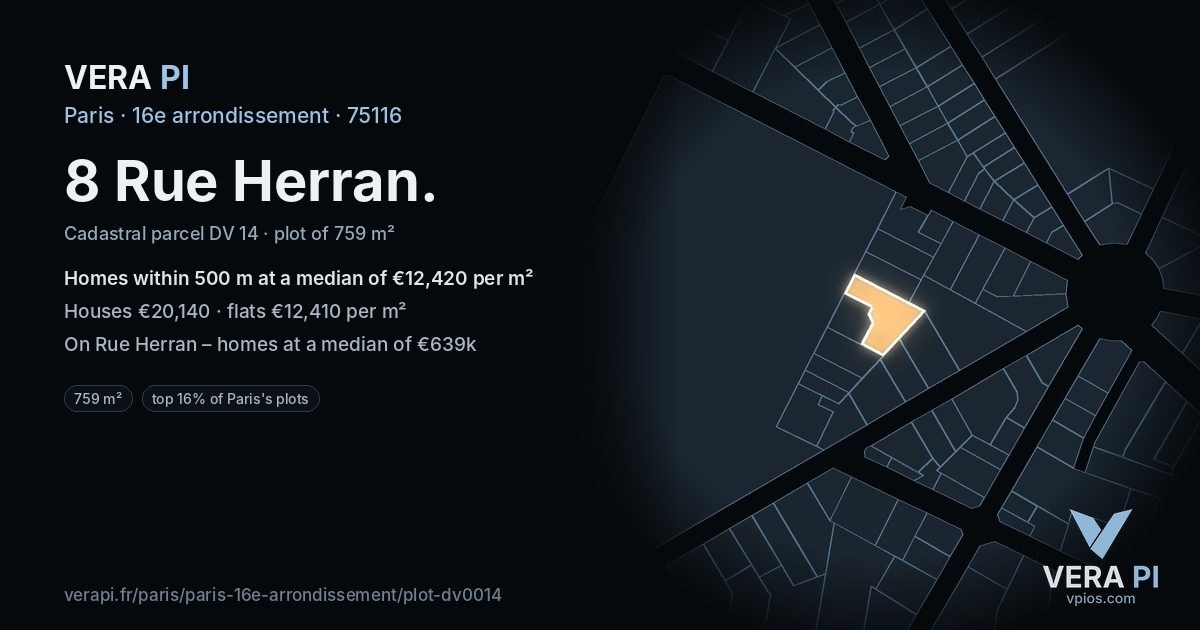 8 Rue Herran, 16e arrondissement at night – the plot lit, the parcels around coloured by the prices near them
