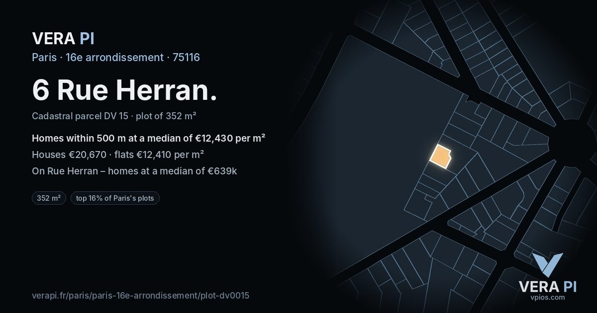 6 Rue Herran, 16e arrondissement at night – the plot lit, the parcels around coloured by the prices near them