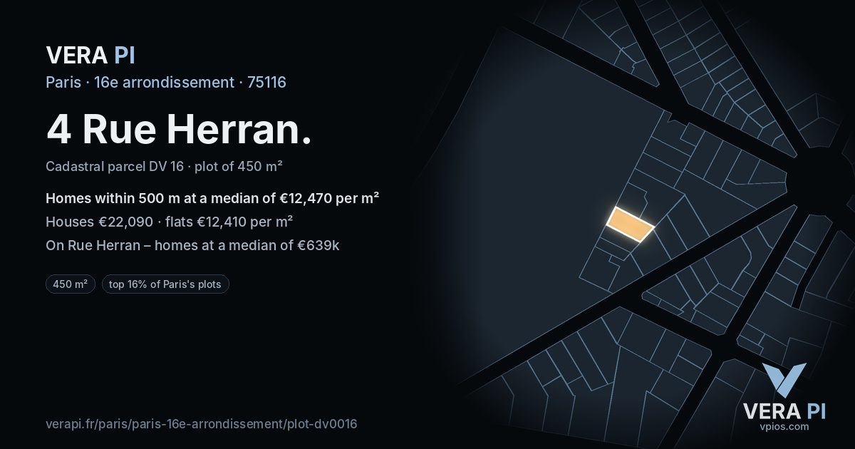 4 Rue Herran, 16e arrondissement at night – the plot lit, the parcels around coloured by the prices near them