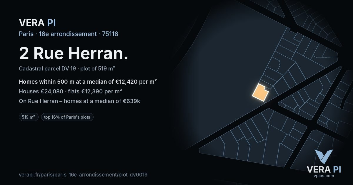 2 Rue Herran, 16e arrondissement at night – the plot lit, the parcels around coloured by the prices near them