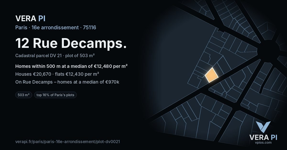 12 Rue Decamps, 16e arrondissement at night – the plot lit, the parcels around coloured by the prices near them