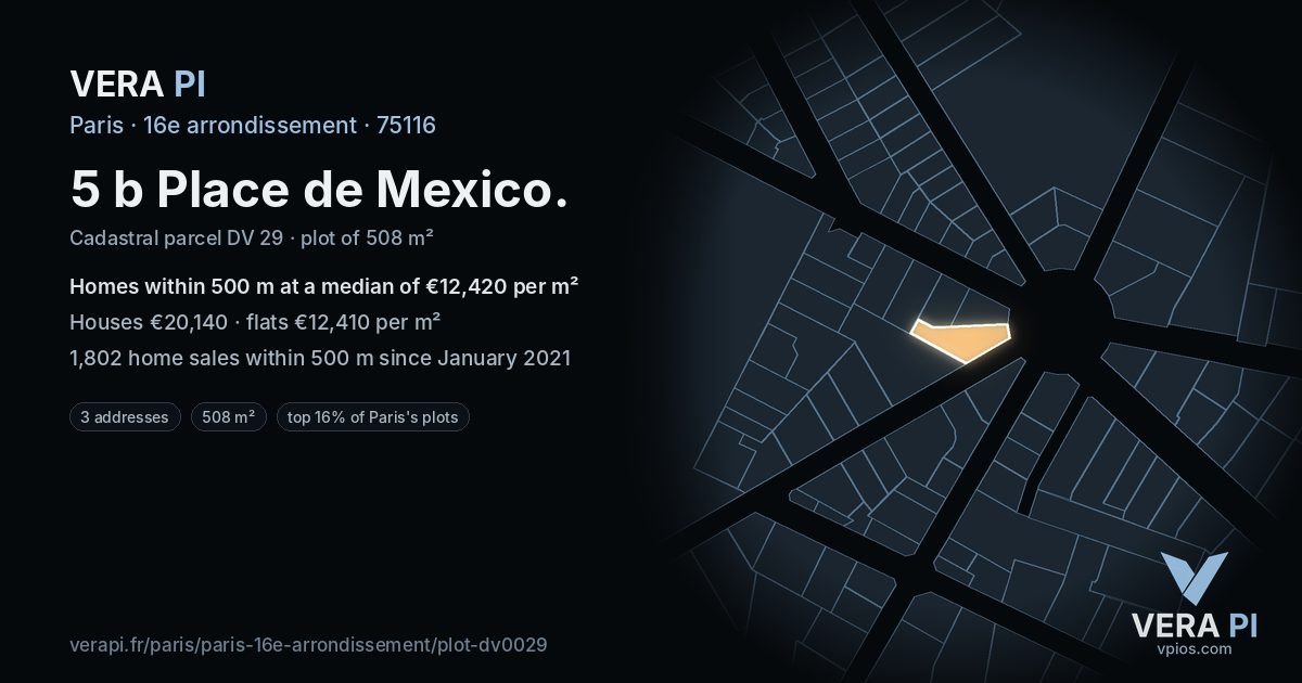 5 b Place de Mexico, 16e arrondissement at night – the plot lit, the parcels around coloured by the prices near them