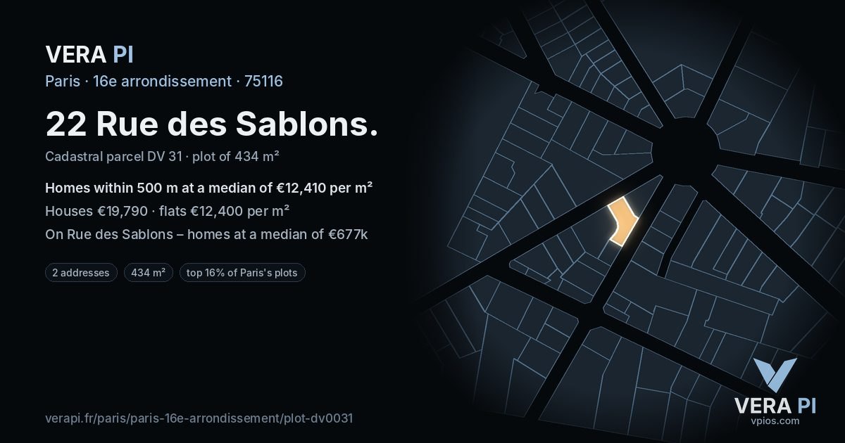 22 Rue des Sablons, 16e arrondissement at night – the plot lit, the parcels around coloured by the prices near them