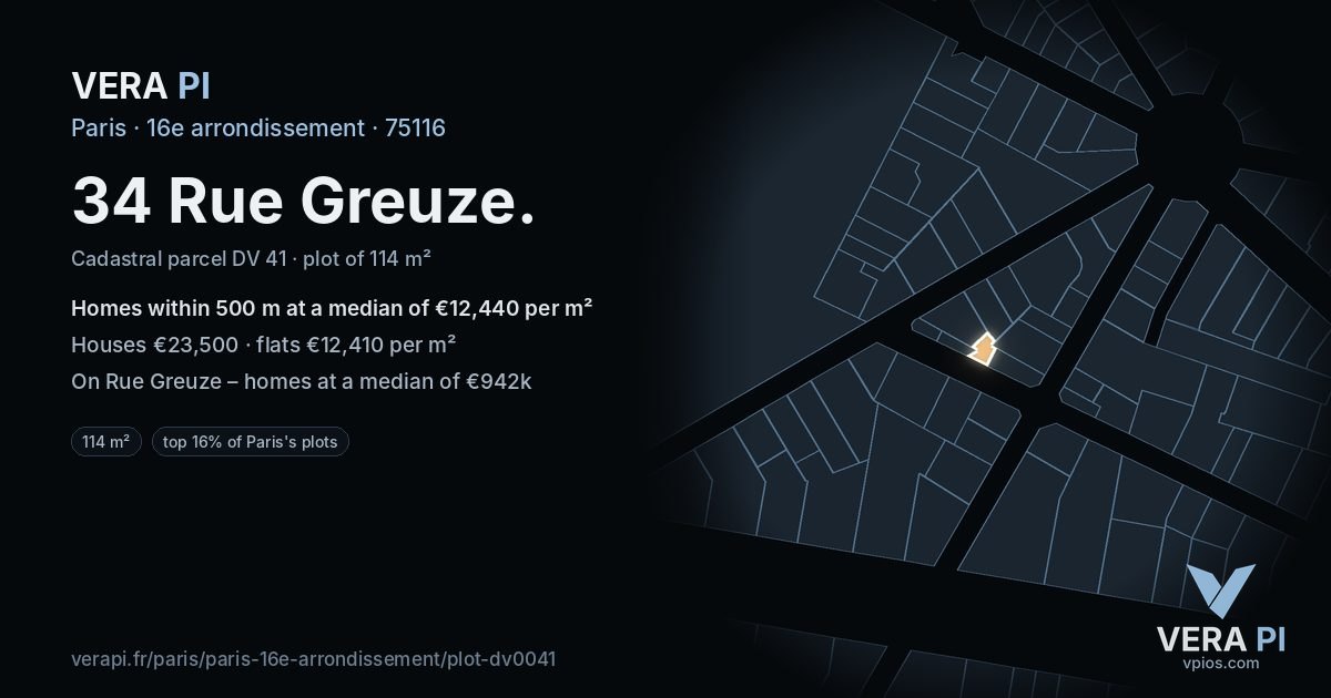 34 Rue Greuze, 16e arrondissement at night – the plot lit, the parcels around coloured by the prices near them