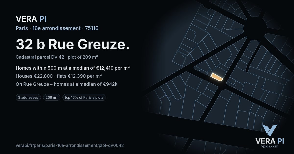 32 b Rue Greuze, 16e arrondissement at night – the plot lit, the parcels around coloured by the prices near them