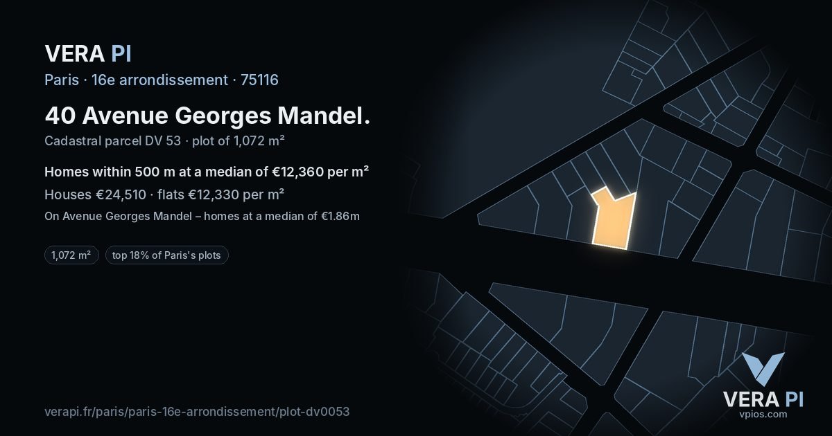 40 Avenue Georges Mandel, 16e arrondissement at night – the plot lit, the parcels around coloured by the prices near them