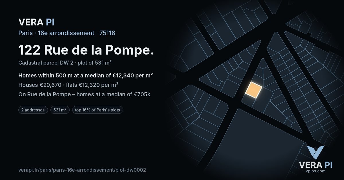 122 Rue de la Pompe, 16e arrondissement at night – the plot lit, the parcels around coloured by the prices near them