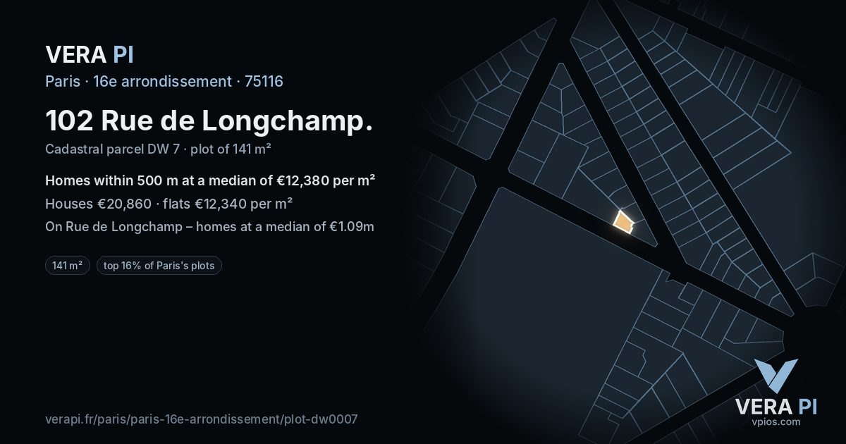 102 Rue de Longchamp, 16e arrondissement at night – the plot lit, the parcels around coloured by the prices near them