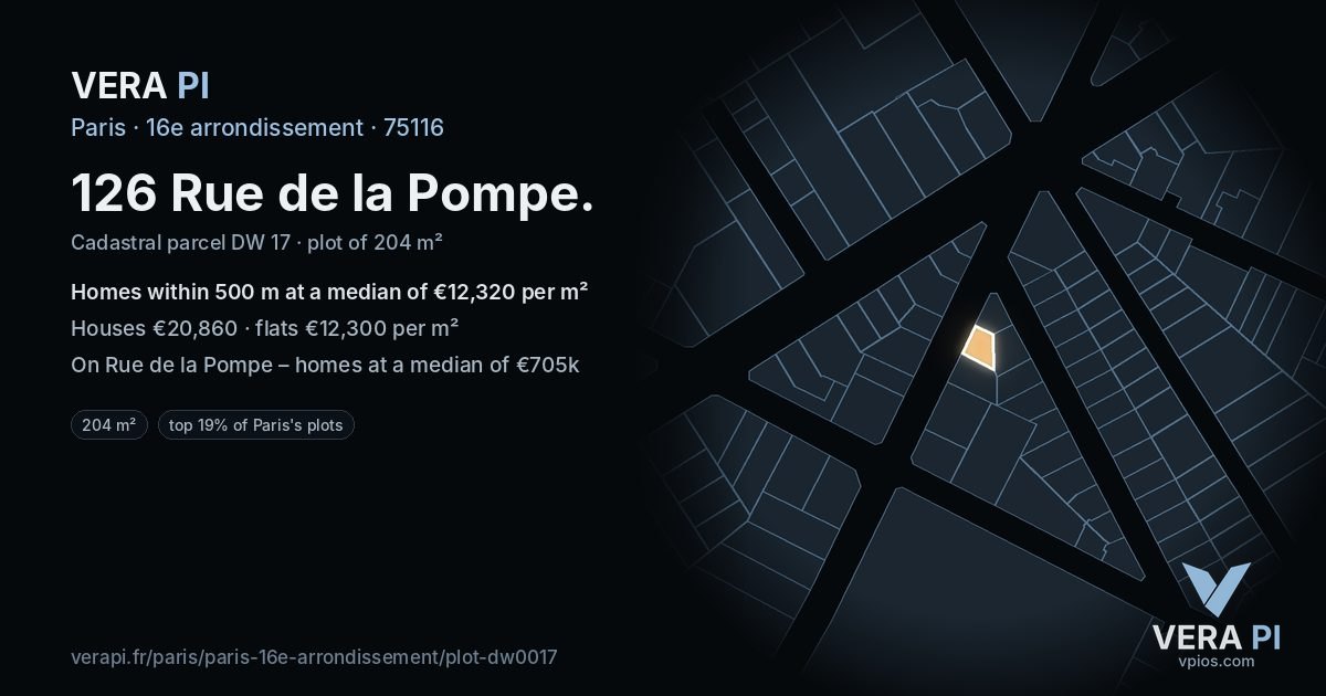 126 Rue de la Pompe, 16e arrondissement at night – the plot lit, the parcels around coloured by the prices near them